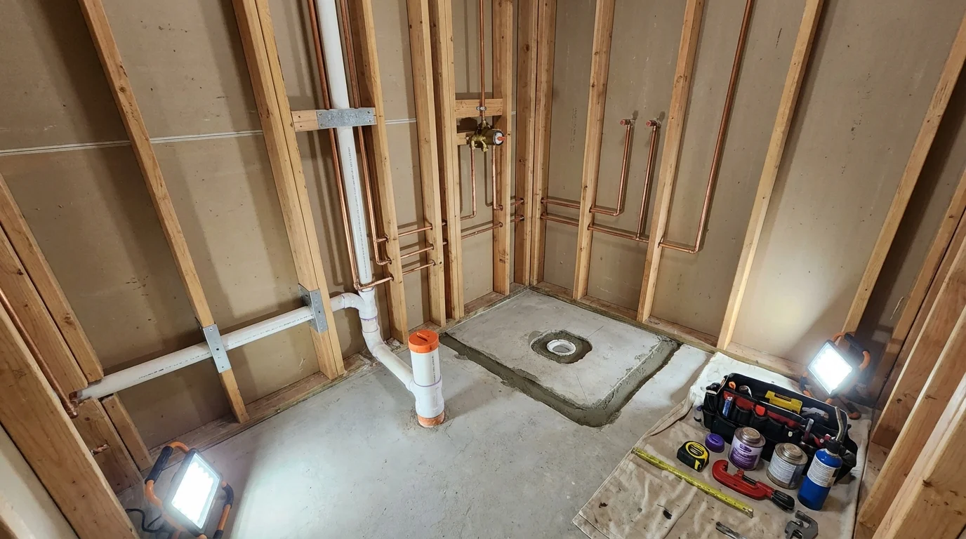 Bathroom rough-in plumbing during remodel by Johns Plumbing LLC in Mecca
