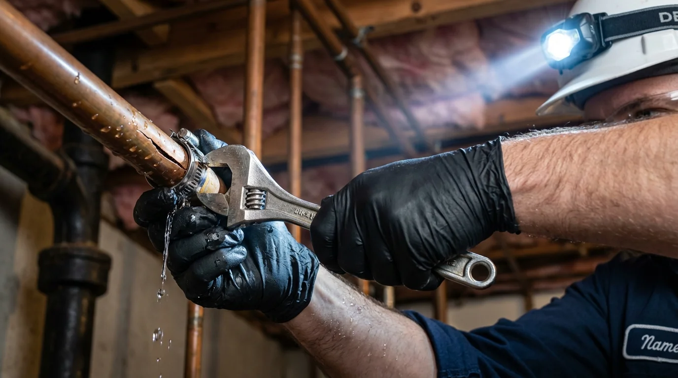 Emergency pipe clamp repair being performed by a Johns Plumbing LLC plumber in Mecca