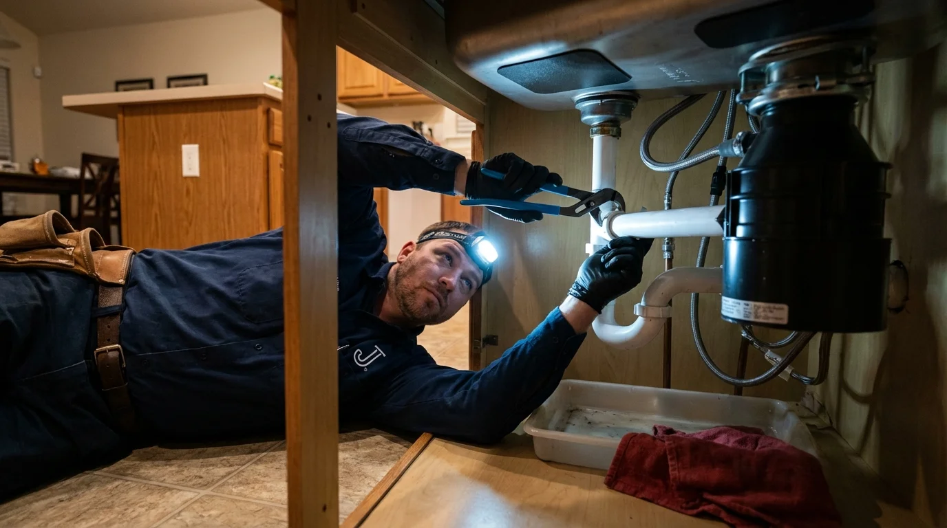 P-trap and supply line connections under a kitchen sink showing a common leak point in Mecca, CA